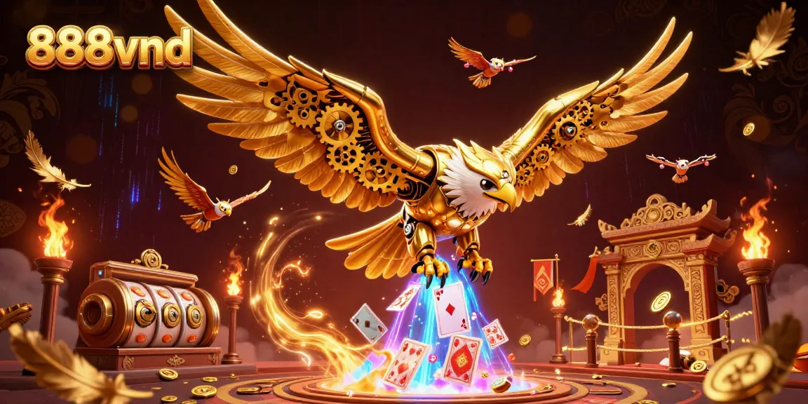 Engage in thrilling 888vnd gaming action featuring a cybernetic eagle and dynamic casino elements.