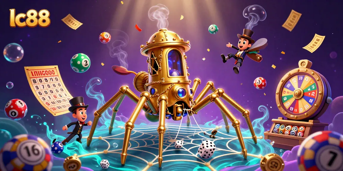 Experience thrilling lc88 action with a steampunk spider catching dice amidst colorful lottery elements.