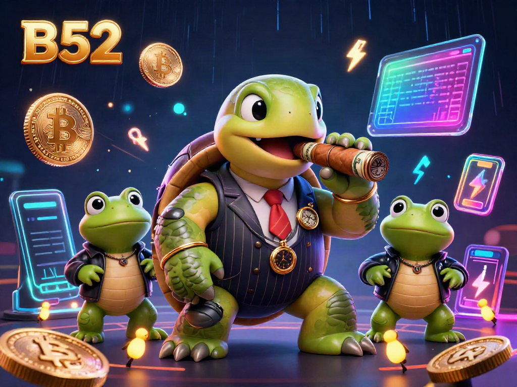 Engage with B52's exciting casino atmosphere featuring a unique cartoon scene with themed characters and crypto elements.