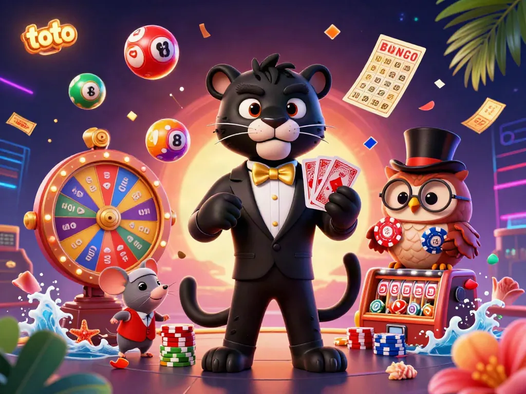 Toto-themed illustration showcasing a stylish black panther, an owl, and a lucky mouse in a lively casino environment full of colorful elements.
