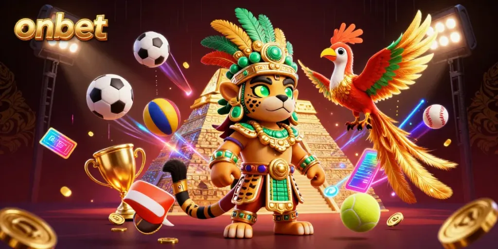 Engage with onbet's vibrant jungle casino world featuring dynamic sports elements and Mayan icons.