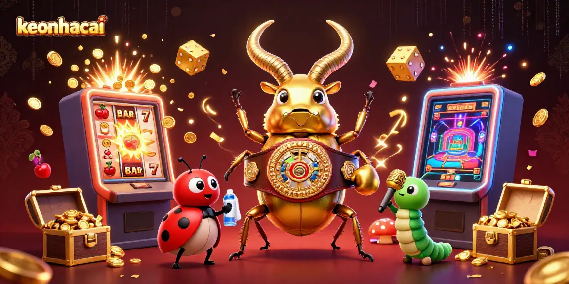 Engage in thrilling keonhacai action with a giant beetle champion amidst dazzling casino elements and jackpot excitement.