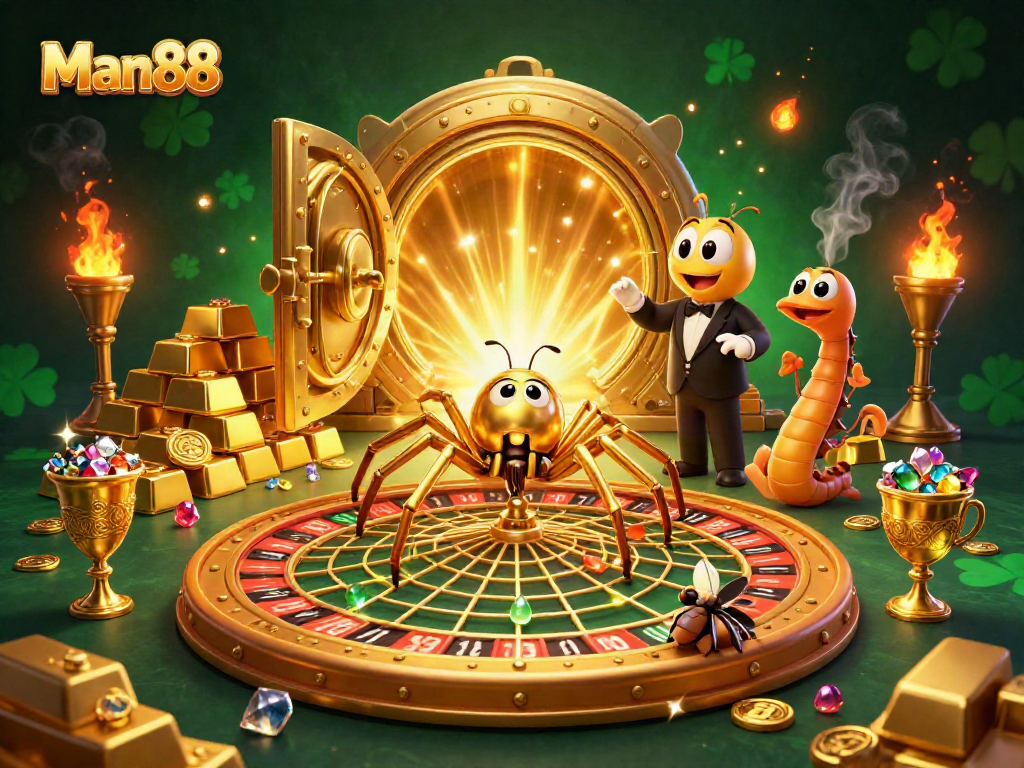 Experience thrilling bets at Man88 with a vibrant 3D casino illustration showcasing excitement and fortune.