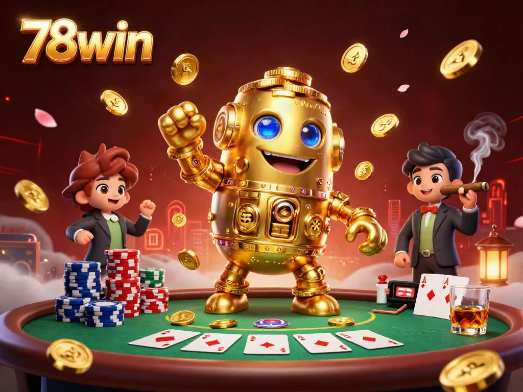 Experience the excitement of the 78win casino with a thrilling scene featuring a golden golem and poker elements.