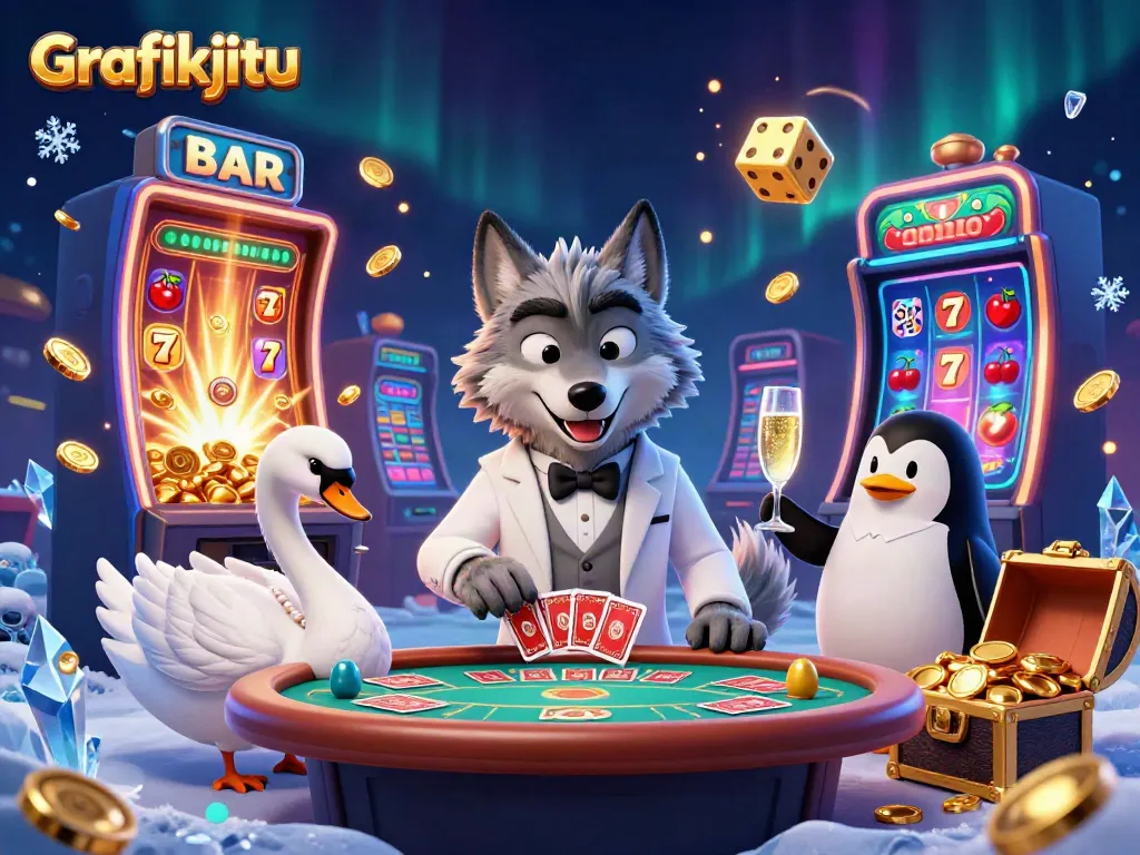 Engage in thrilling gameplay at Grafikjitu with a cartoon wolf, swan, and penguin at a baccarat table.