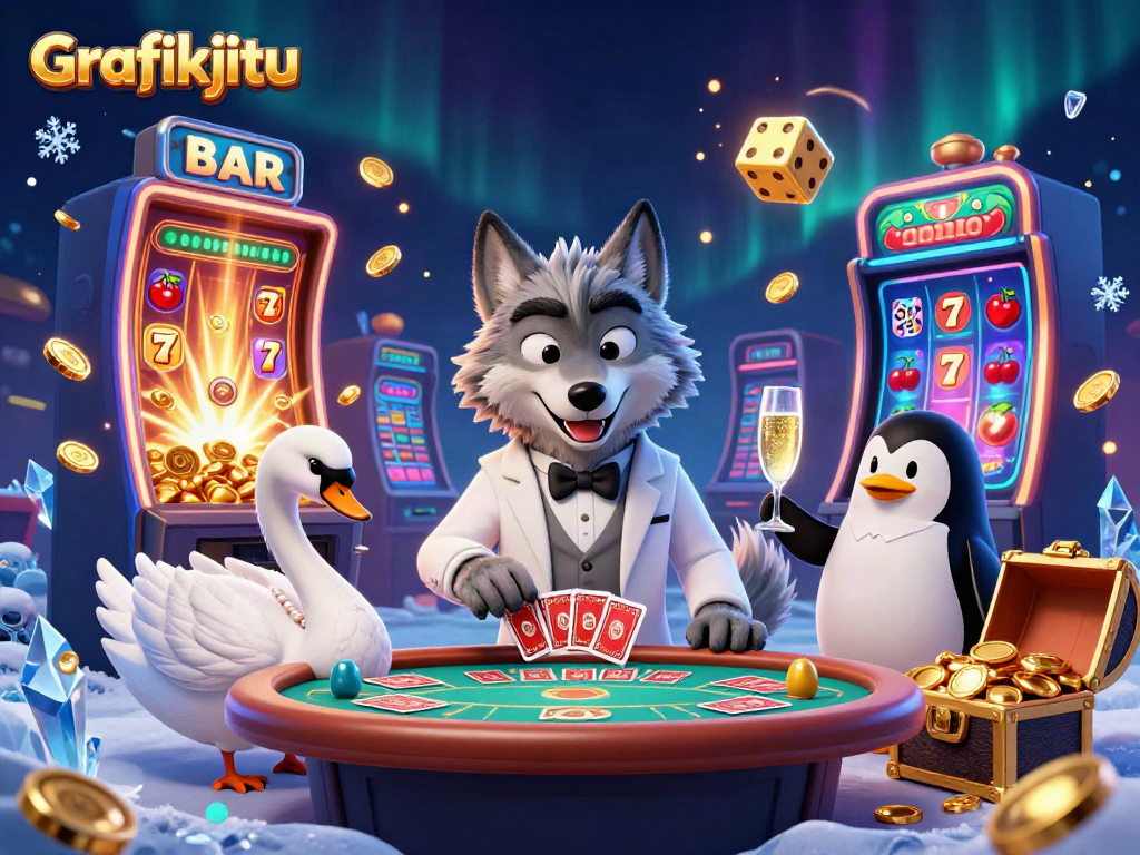 Engage in thrilling gameplay at Grafikjitu with a cartoon wolf, swan, and penguin at a baccarat table.
