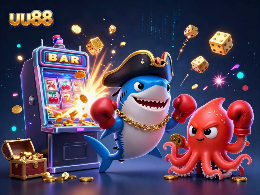 Experience excitement with uu88 in a vibrant cartoon scene featuring a shark and slots amidst bursting coins and casino elements.