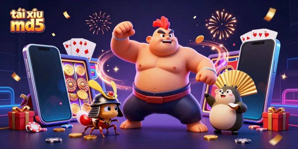 Engaging scene showcasing tài xỉu md5 gameplay with a powerful sumo wrestler, a fierce cricket, and a tanuki announcer surrounded by casino elements.