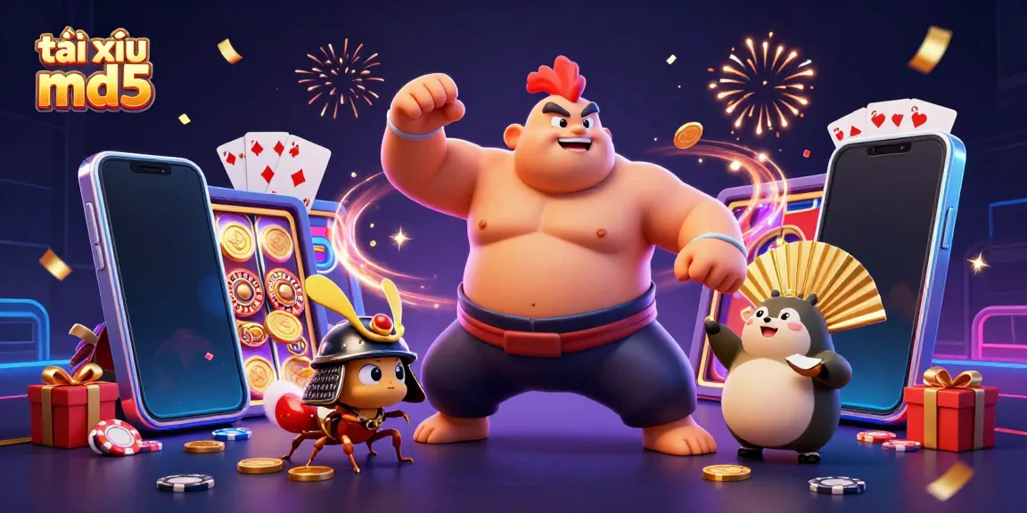 Engaging scene showcasing tài xỉu md5 gameplay with a powerful sumo wrestler, a fierce cricket, and a tanuki announcer surrounded by casino elements.