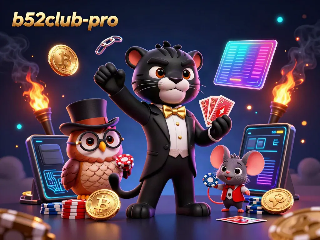 Engage with the b52club-pro characters in a vibrant casino setting, featuring a tuxedoed panther, an owl, and a lucky mouse.