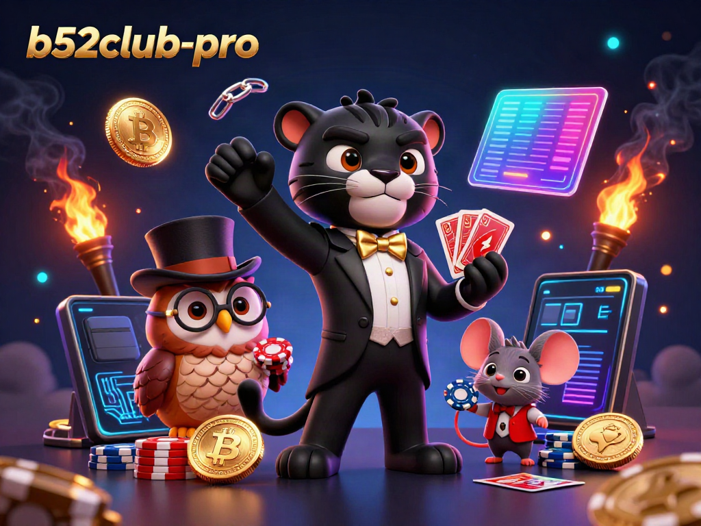 Engage with the b52club-pro characters in a vibrant casino setting, featuring a tuxedoed panther, an owl, and a lucky mouse.