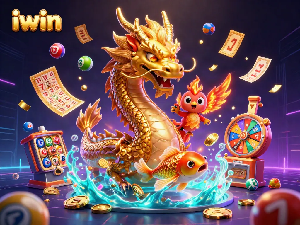 Experience thrilling gameplay with iwin in this vibrant casino-themed 3D illustration featuring a golden dragon, phoenix, and koi fish.