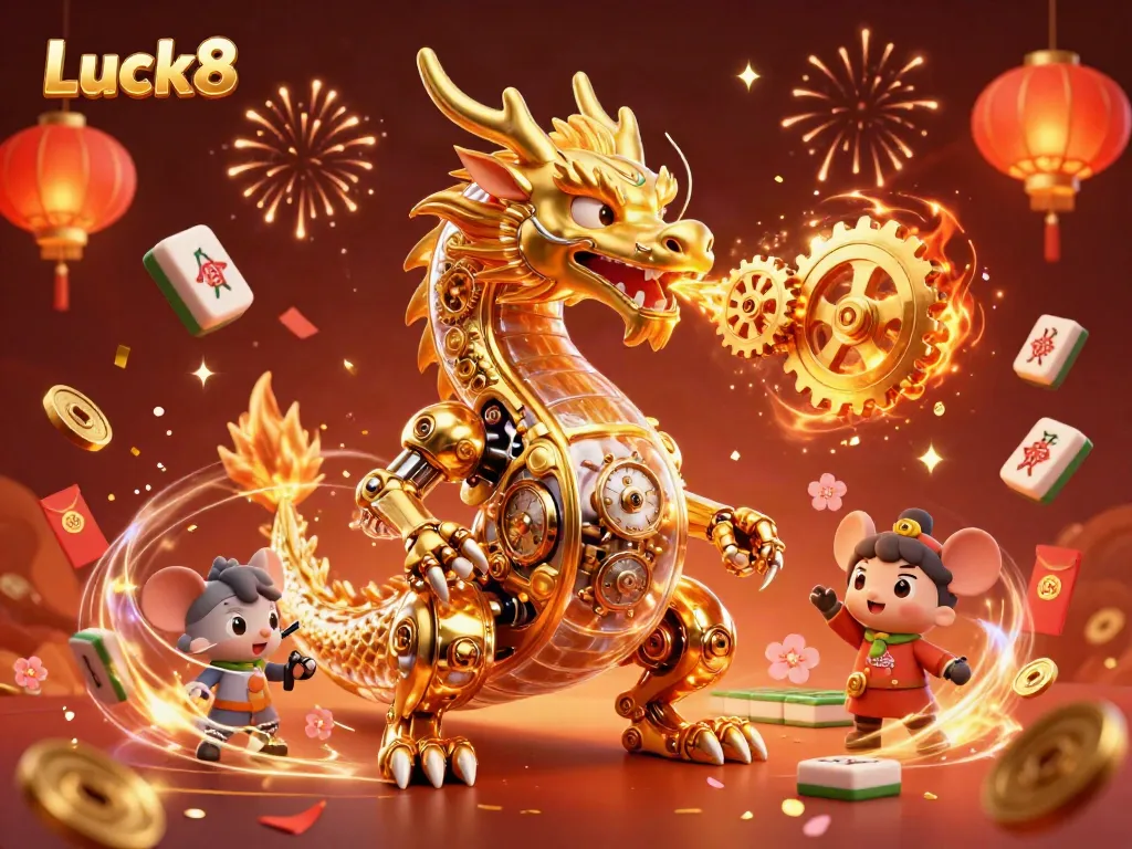 Experience the thrilling world of Luck8 with a golden dragon, celebrating with rich casino elements.