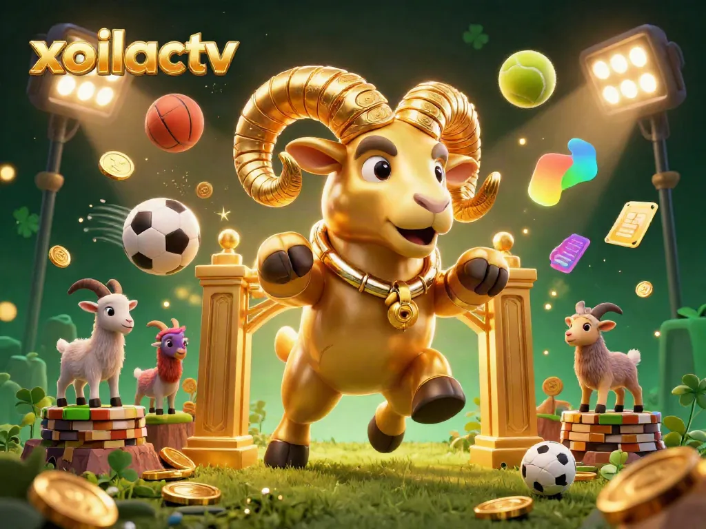 Watch thrilling sports action at xoilactv with a 3D golden ram charging through a vibrant gambling setting.