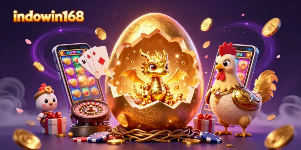 Experience the excitement of indowin168 casino with a golden dragon and lively gaming elements.