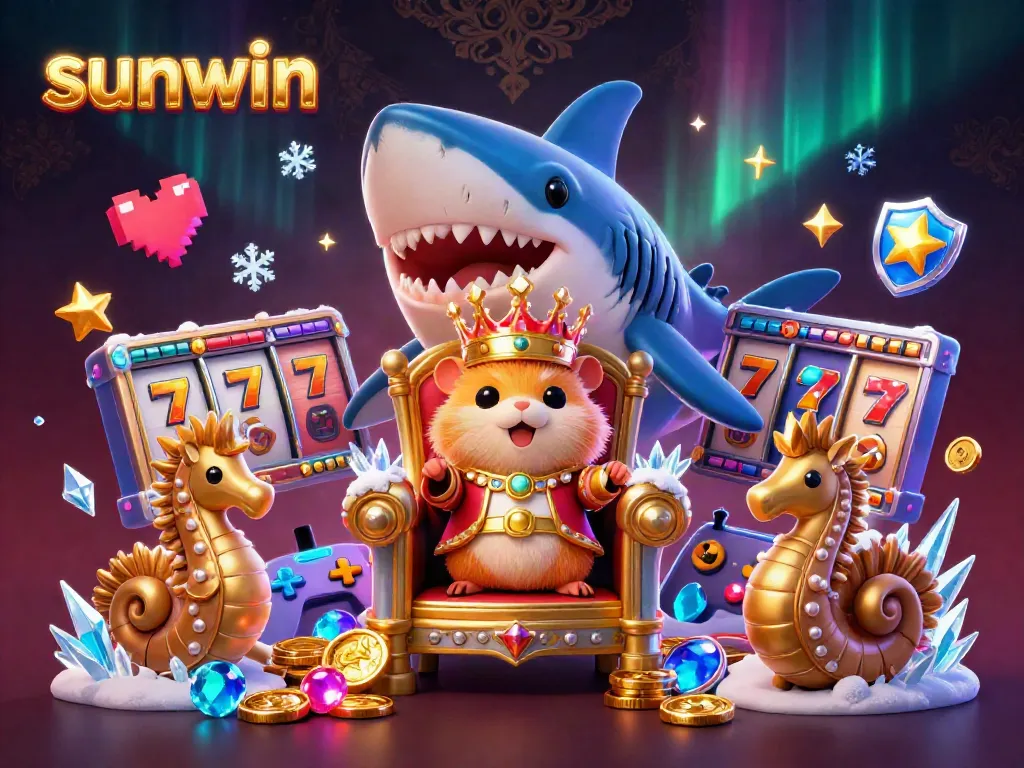 Join the vibrant sunwin casino experience with a golden hamster king overseeing dynamic slot action and game elements.