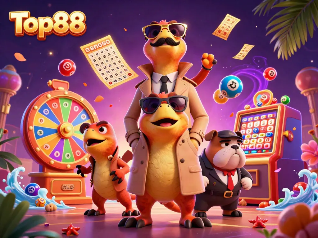 Witness Top88 raptors trying to sneak into a VIP casino, surrounded by bouncing lottery balls and gaming excitement.