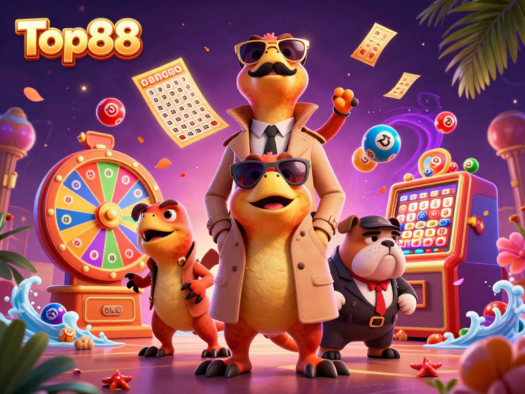 Witness Top88 raptors trying to sneak into a VIP casino, surrounded by bouncing lottery balls and gaming excitement.