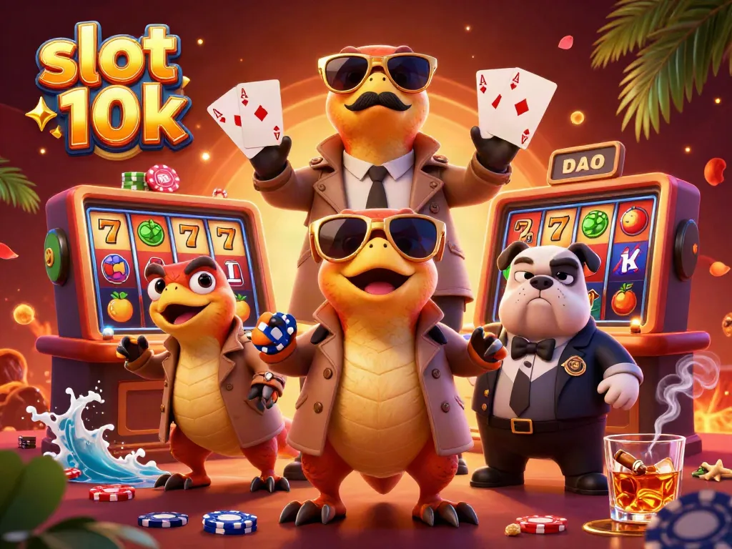 Three raptors disguised as a tall person joining a VIP casino lounge with the theme slot 10k.