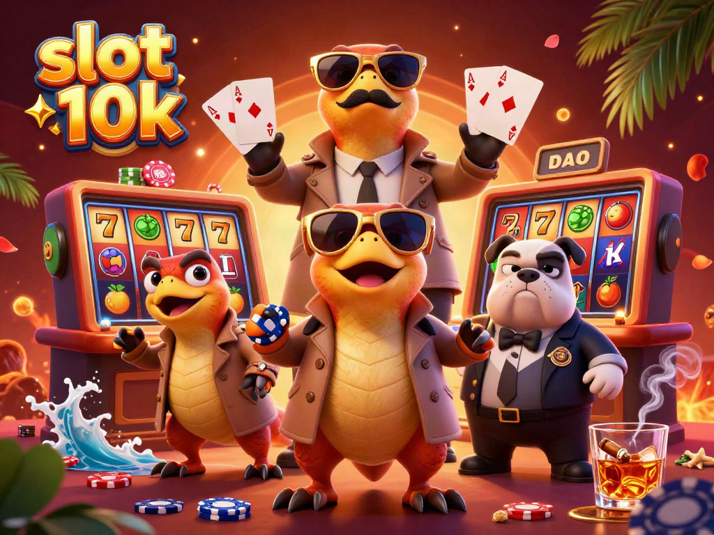 Three raptors disguised as a tall person joining a VIP casino lounge with the theme slot 10k.