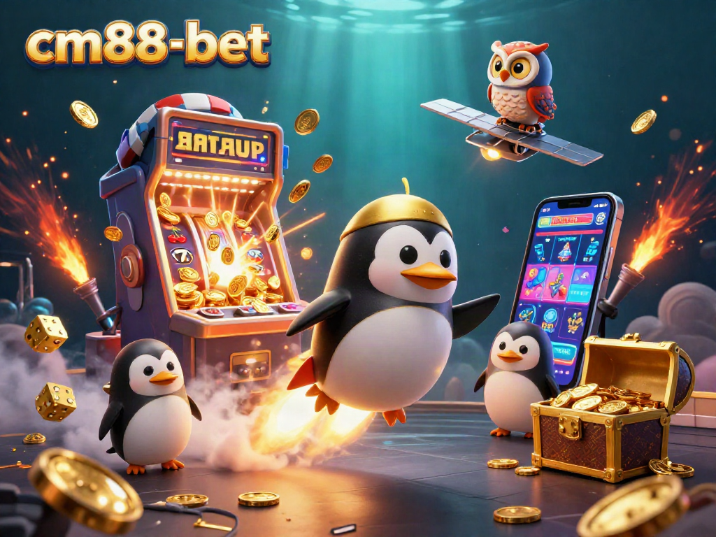 Experience the excitement of cm88-bet with a golden penguin racing toward a casino space station amidst exploding jackpots and vibrant symbols.