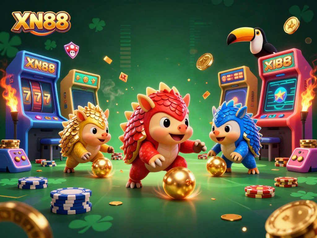 Engaging illustration showing rival pangolins competing in XN88 casino games amidst vibrant gaming elements.