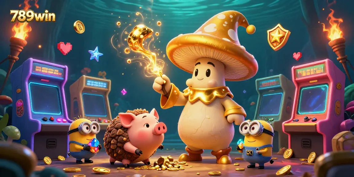 Engaging 3D scene showcasing the wizard, treasure-sniffing pig, and minions at 789win casino, vibrant magical elements.