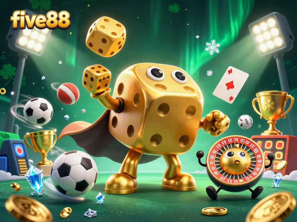 Engage with five88's dynamic gambling scene featuring animated dice, sports elements, and a vibrant casino atmosphere.