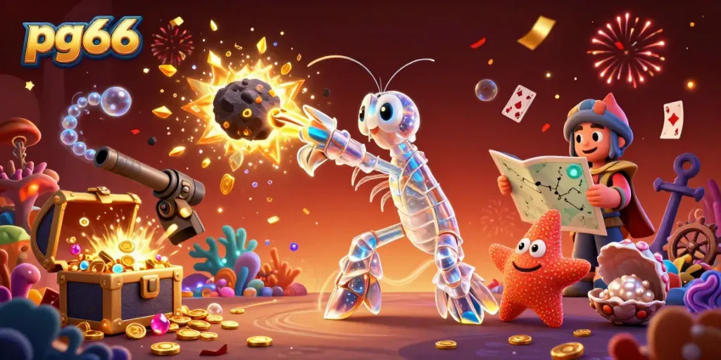 Experience the vibrant world of pg66 with a galactic samurai shrimp and treasure-filled coral reef