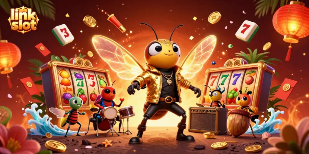 Experience the thrill of the link slot with vibrant characters celebrating in an exciting casino scene.
