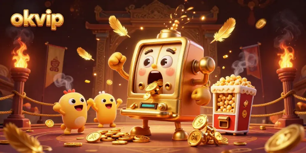 Spin the reels with okvip's golden slot machine hitting a jackpot surrounded by cheering machines and gold coins.