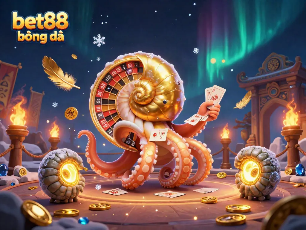 Experience the excitement of bet88 bóng đá with this vibrant 3D illustration showcasing a nautilus roulette wheel and glowing ammonites.