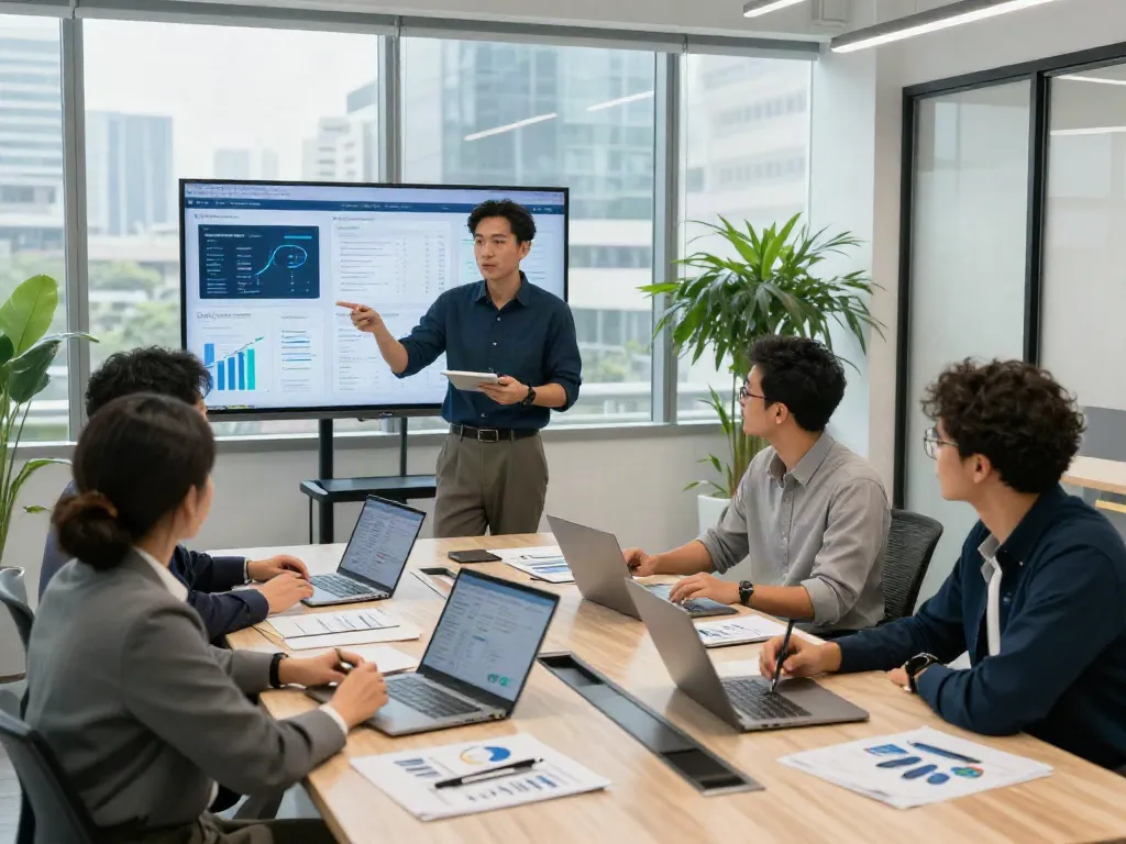 Team collaboration at istana404 on technology and business strategies in a modern workspace.