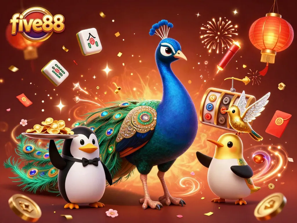 Experience the excitement of five88 with a vibrant 3D gambling scene featuring a peacock, penguin, and hummingbird.