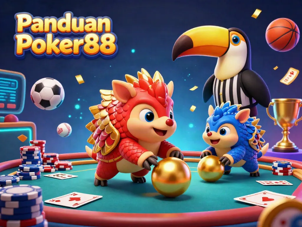 Panduan Poker88 illustration of rival pangolins rolling poker chips, emphasizing fun and competitive gaming.