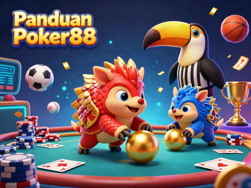 Panduan Poker88 illustration of rival pangolins rolling poker chips, emphasizing fun and competitive gaming.