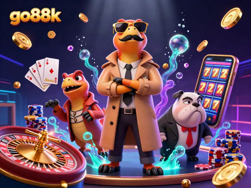 Experience excitement at go88k with raptors creatively entering a casino, vibrant with casino elements.