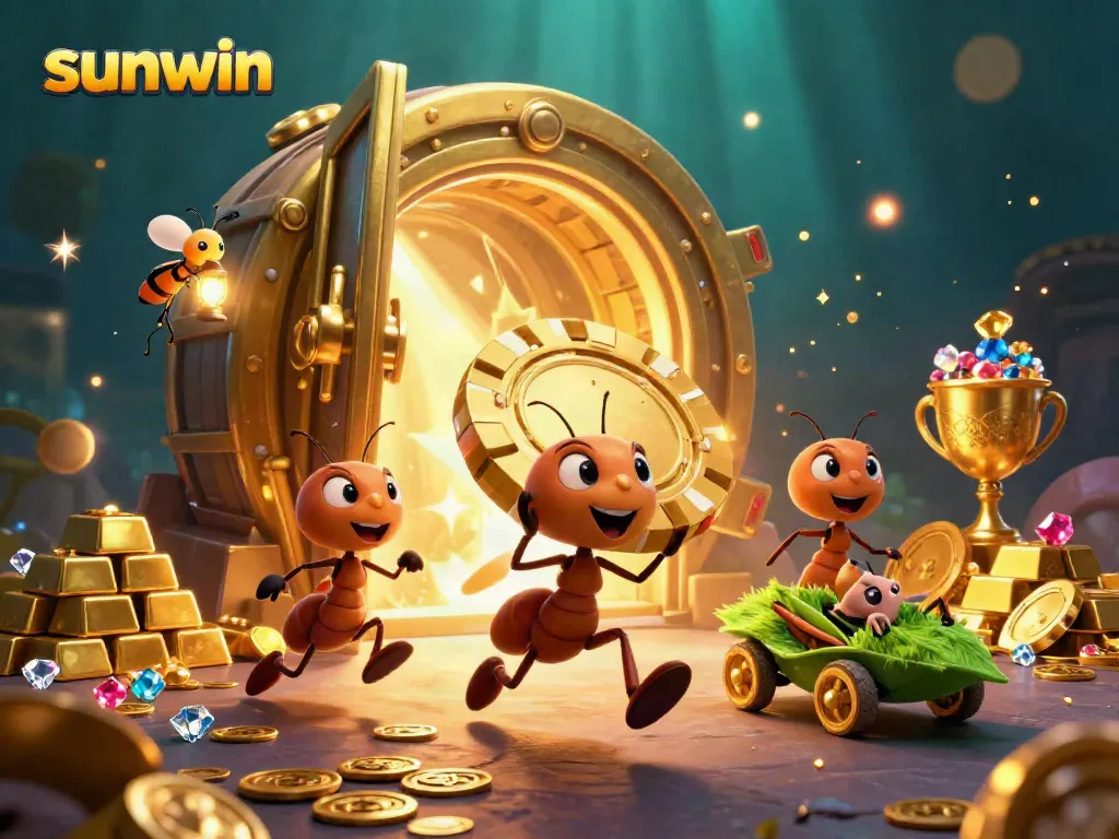 Join the sunwin heist as ants navigate a treasure-filled casino escape in a dynamic 3D scene.