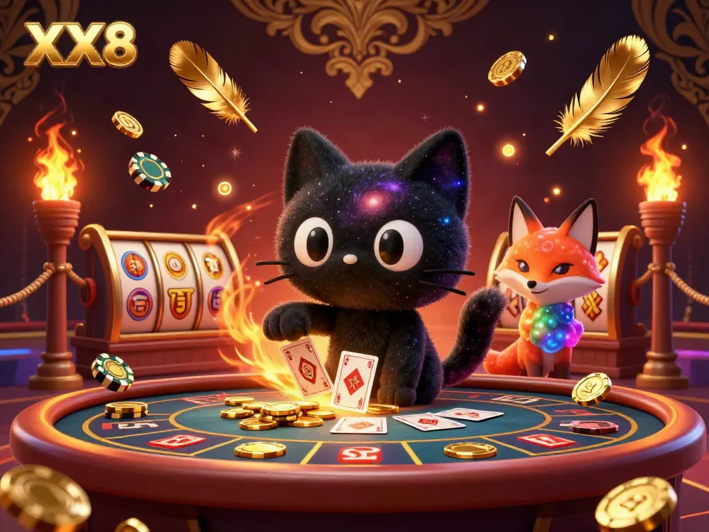 Experience the thrill of XX8 with a cosmic casino scene featuring vibrant characters and golden elements.